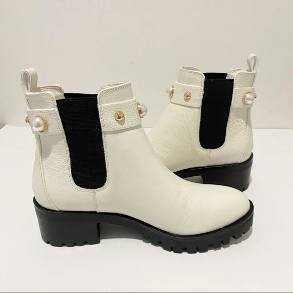 KARL LAGERFELD Pola Leather Off White Pearl Stud Ankle Strap Chelsea Booties NWT - Picture 10 of 16